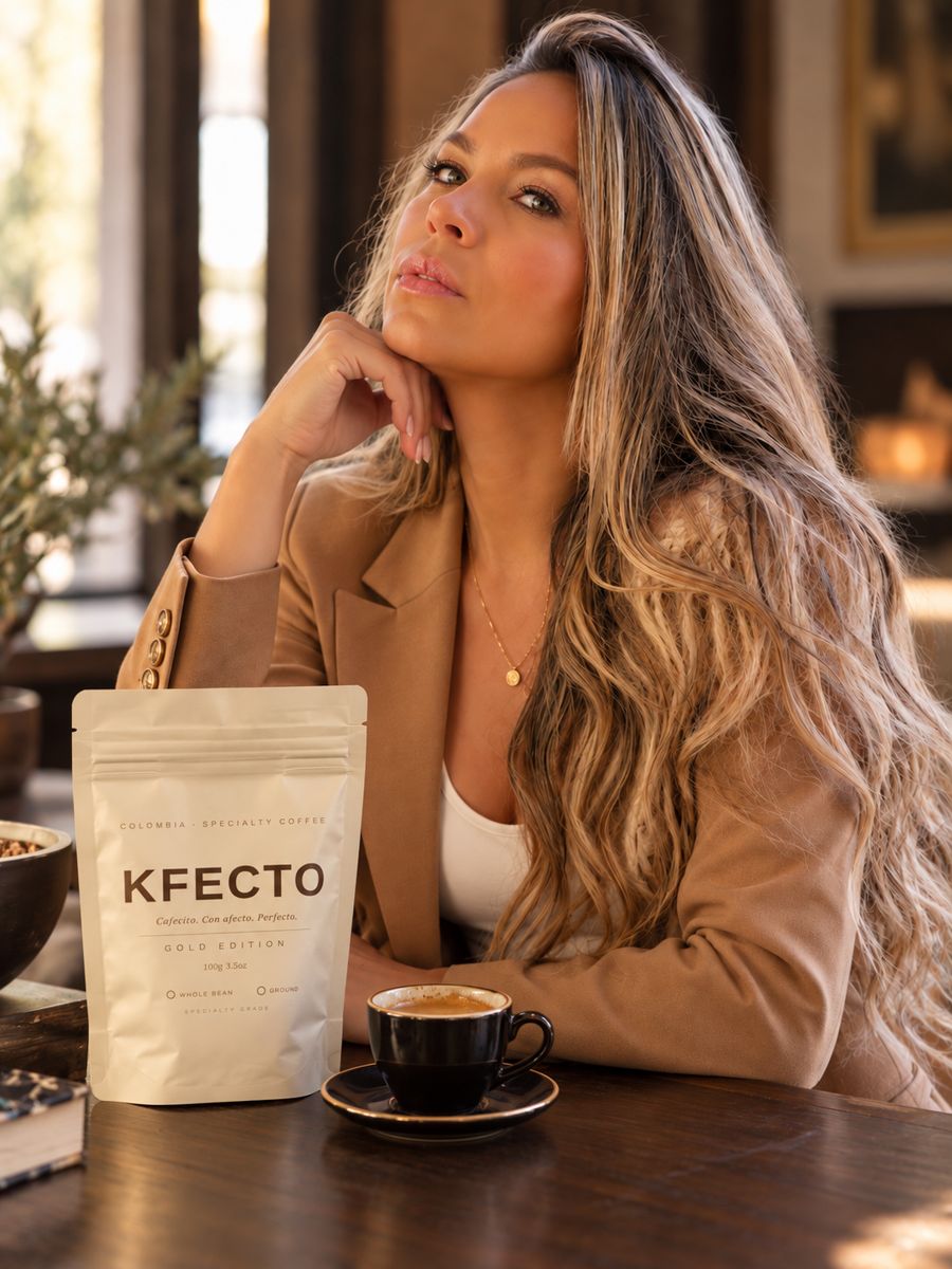 Lorena Nieto with KFECTO Gold Edition and an espresso