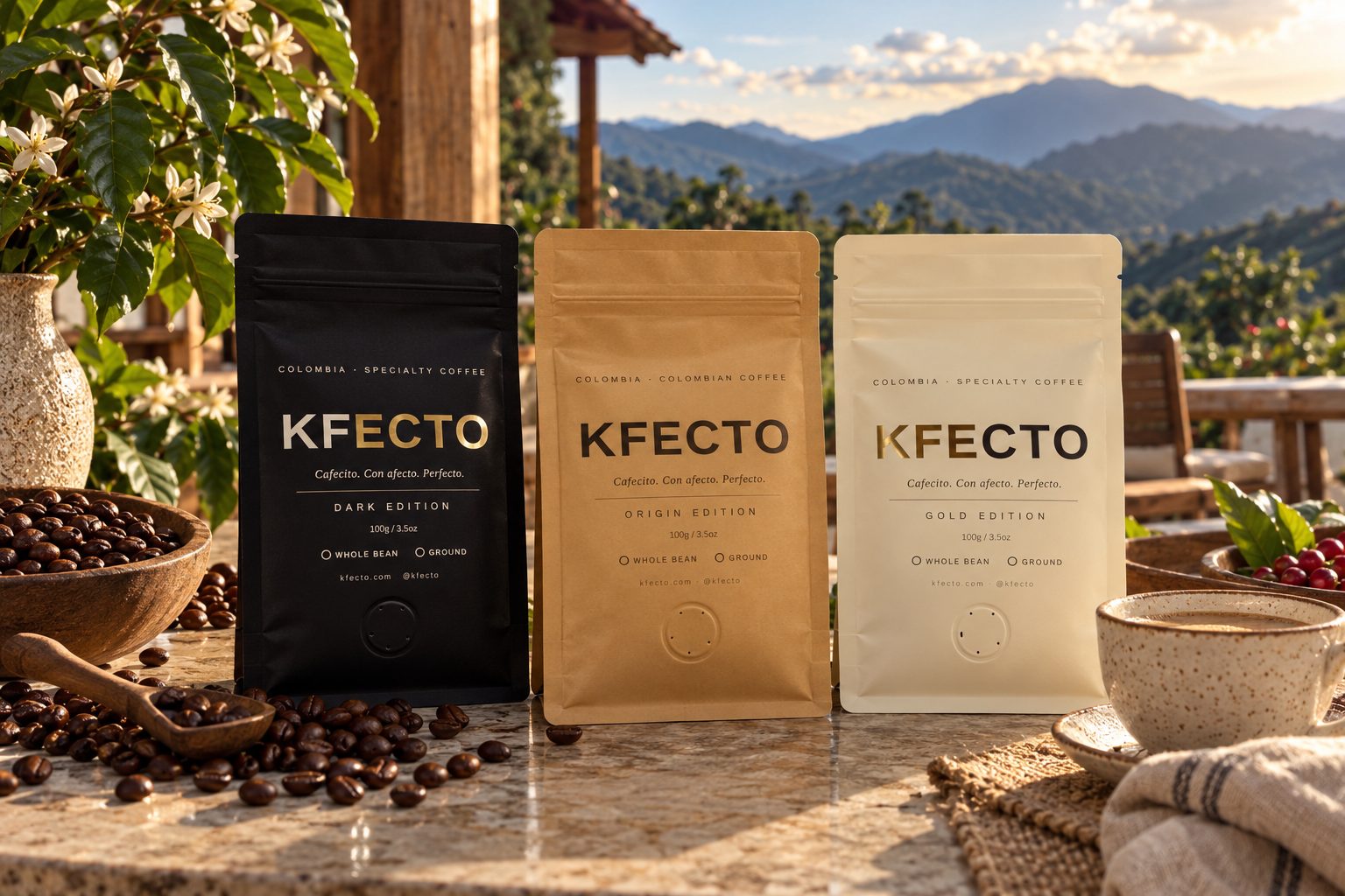 KFECTO 100 g gift editions, Dark, Origin and Gold, on a terrace overlooking Colombian coffee mountains