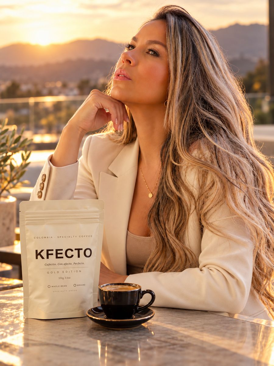 Lorena Nieto with KFECTO Gold Edition on a terrace at sunset